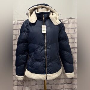 Tanbridge :XL Juniors Navy Puffer Jacket with Cream Accents Removable Hood